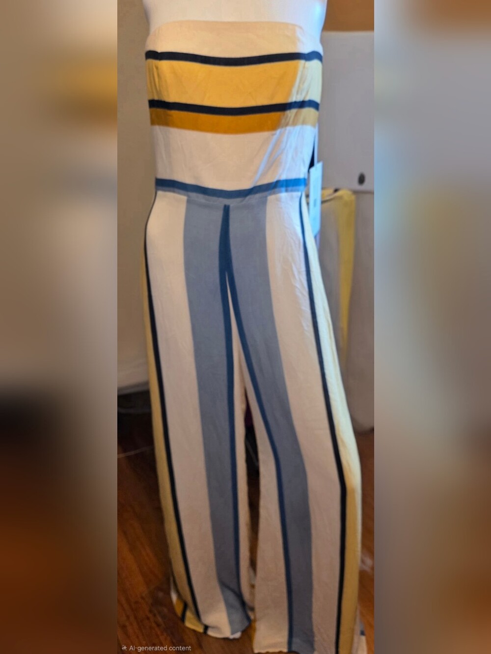 Amanda Uprichard Yellow, Blue & White Striped Strapless Wide-Leg Jumpsuit